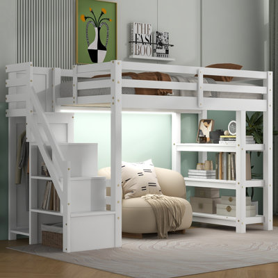 Loft Bed with Shelves, Storage Staircase, Small Wardrobe and White LED Light, White