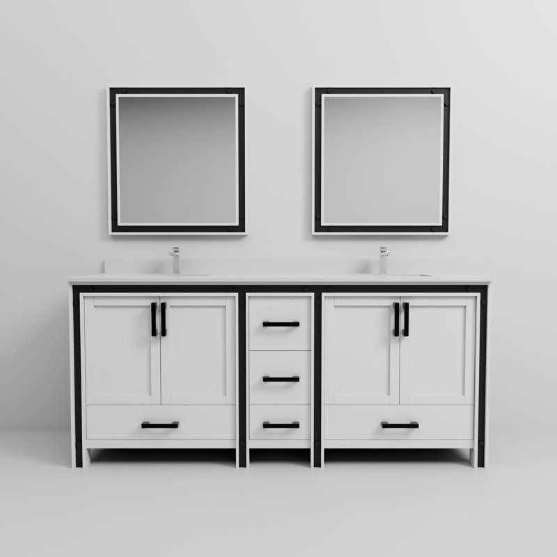 Ziva 80 in W x 22 in D Double Bath Vanity, White Top, 30 in Mirrors and Chrome Faucet Set, White, White Quartz