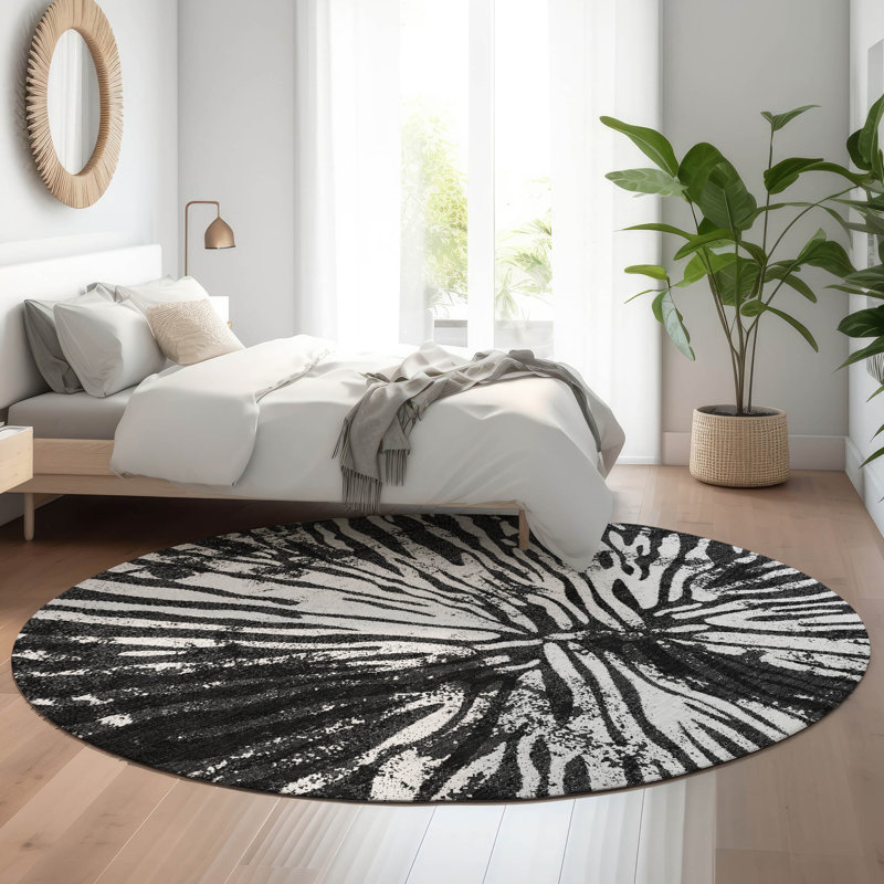 Premium Machine Washable Prisco Black Rug, Round 8'