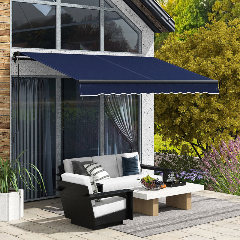 Auvent rétractable de 10 pi x 8 pi, abri de patio à fonctionnement manuel. Uv30 + tissu protégé, fabrication en aluminium Bleu pour terrasse, balcon, mouvement de parasol de cour. Structure stable.