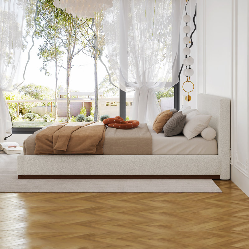 Lit plateforme tapissier Boucle avec base en bois massif grain de bois, lattes robustes et assemblage facile, Très grand