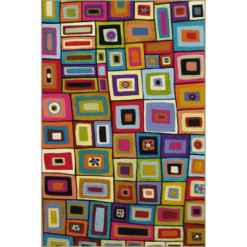 Multicolored Geometric Interlocking Square Patterned Modern Decorative Carpet, Round 3'4"