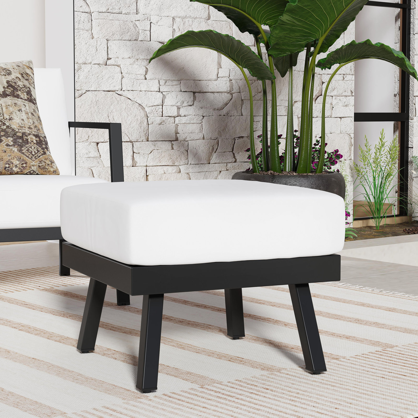 Armando Upholstered Outdoor Ottoman with Cushion, White Sunbrella®, Black