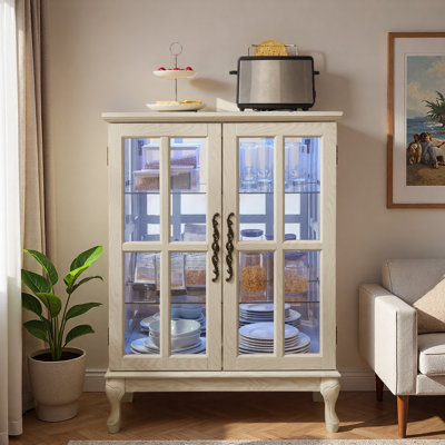 Display Cabinet with Grid Glass Doors, Full-Color RGB Light Strip and Height-adjustable Glass Shelves