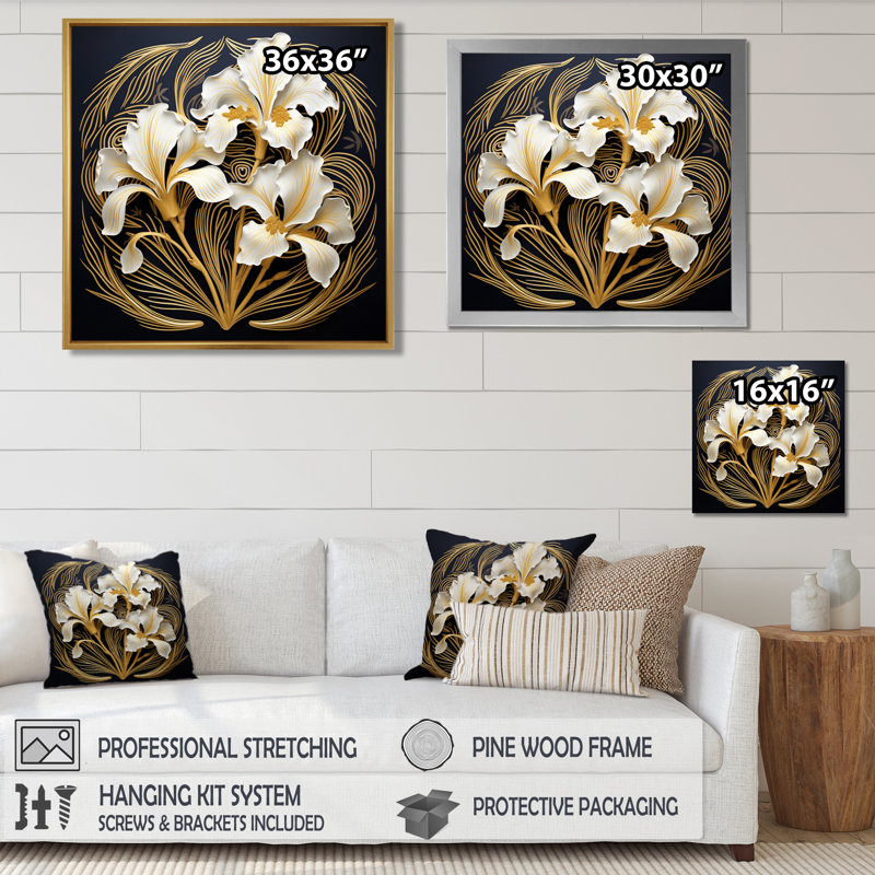 Floraison dorée iris fleur dorée glamour feuilles - iris mur art salon, Cadre flottant blanc, bois massif, H 36 po x l 36 po