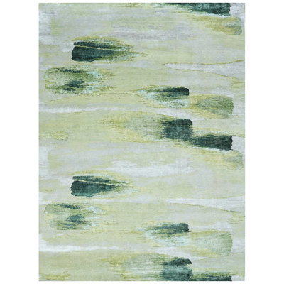 Hand Knotted Abstract Area Rug in Green/Ivory/Gray