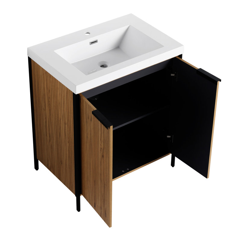 Meuble-lavabo autoportant de 30 po avec lavabo en résine et 2 portes d'armoire à fermeture douce en résine, porte et meuble-lavabo