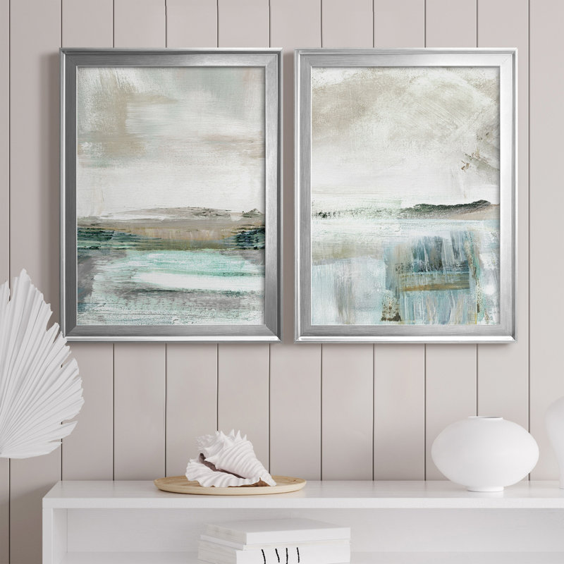 Summer Teal I - Ensemble de 2 peintures sur toiles, Toile avec cadre argenté, H 30,5 po x l 85 po x P 3 po