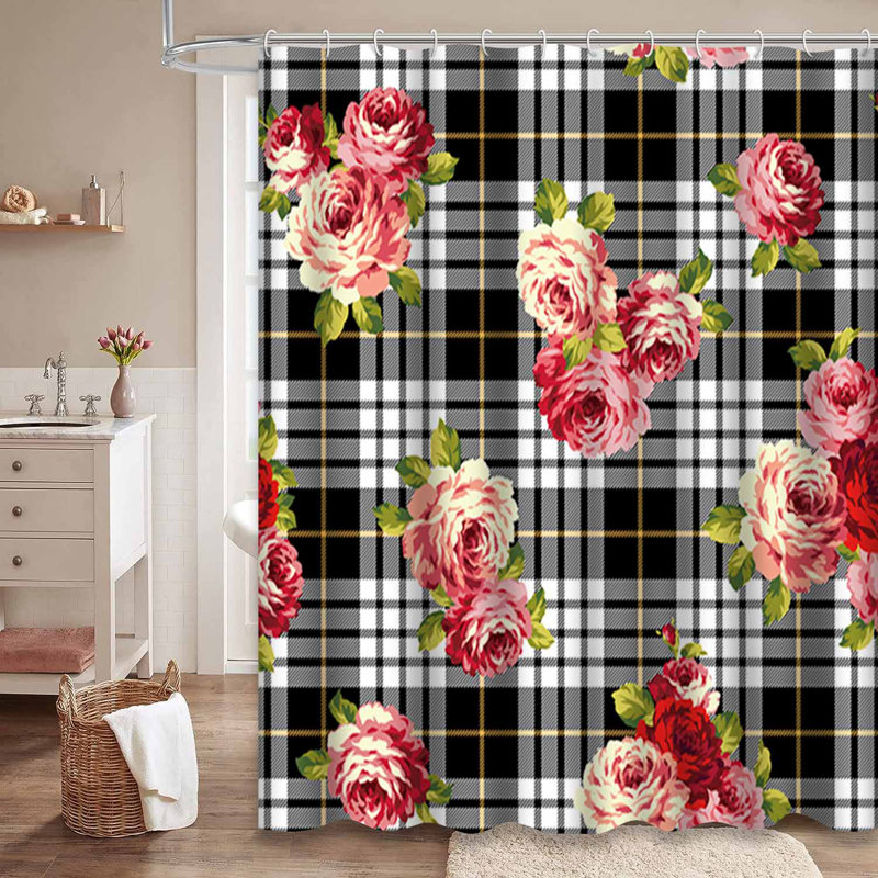 Rideau de douche imperméable à carreaux à motif floral avec 12 crochets, L 72 po x l 72 po