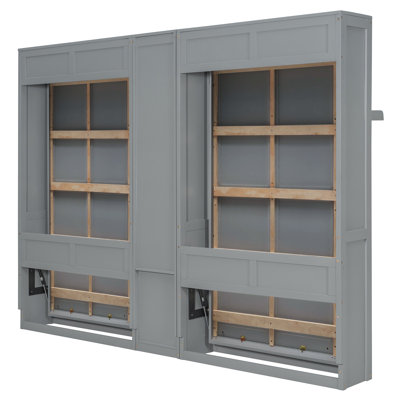 Lits simples escamotables doubles avec armoires et tablettes, finition grise, conception peu encombrante, lits muraux modernes