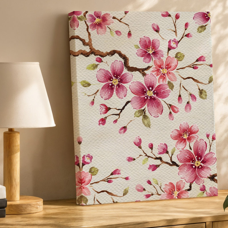 Toile, motif délicat de cerisiers en fleurs peints à la main sur fond d'art mural, fond beige doux texturé mettant en vedette des grappes