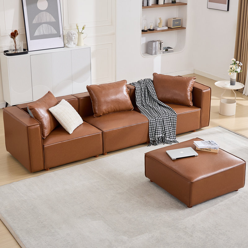 4-Piece 118.5” Wide Leather Upholstered L Shape Sofa, Brown Faux Leather