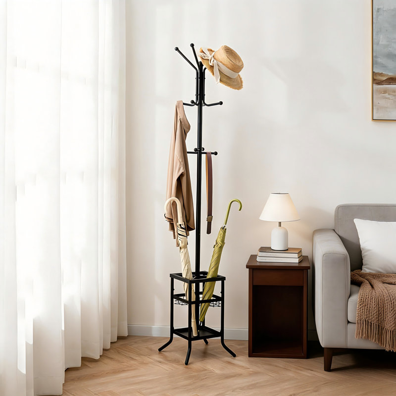 Modern Minimalist Freestanding Coat Rack, Made Of Metal With 12 Hooks And An Umbrella Holder, Suitable For Entryway, Bedroom, And Office Use.