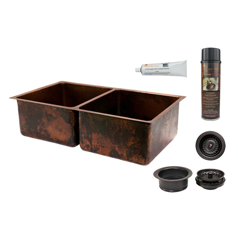 33" Hammered Copper Kitchen 50/50 Double Basin Sink with Matching Drains, and Accessories