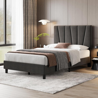 Bed Frame with Adjustable Headboard, Velvet Upholstered Tufted Platform Bedframe with Strong Wooden Slats, Mattress Foundation, No Box Spring Needed,E by Mercer41