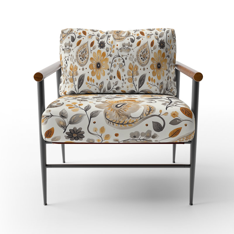Chaise d'appoint Country Farmhouse - Fauteuil brun à motif cachemire neutre Bloom, Bras ronds bruns