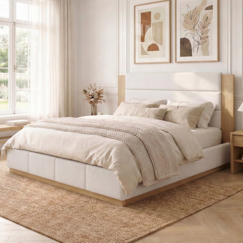 Lit plateforme tapissier avec tête de lit en bois allongée, support à lattes, Blanc, Grand