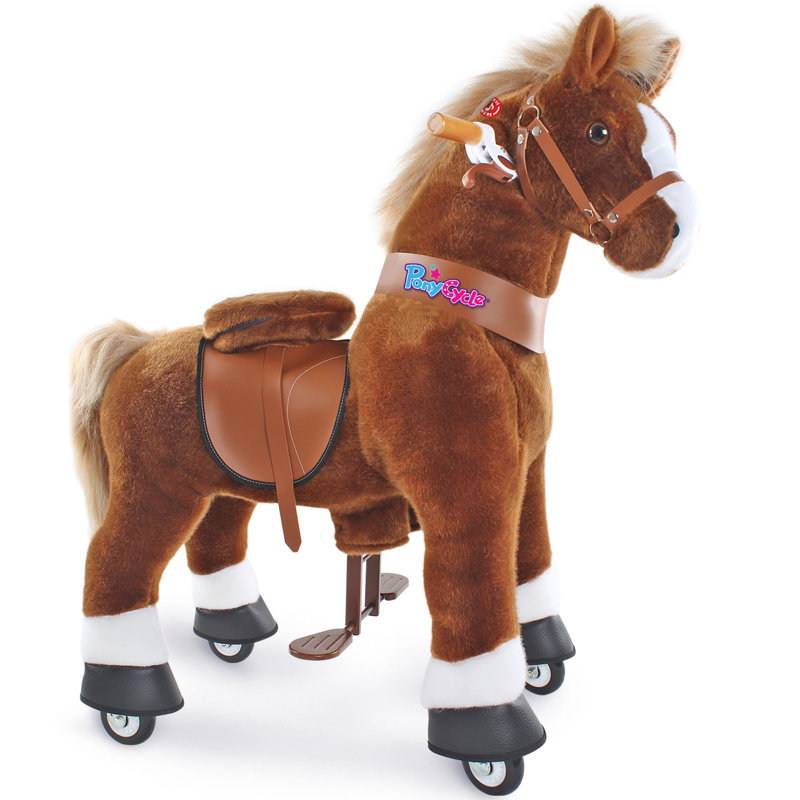 Brown Plush Ride-On Horse Toy with Wheels for Kids Age 4-8