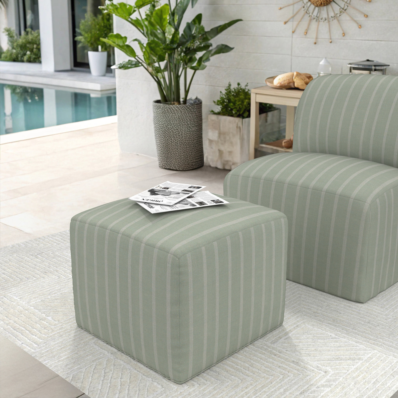 Praia Sunbrella® Outdoor Ottoman, 18" H x 22" W x 22" D, Unwind Rainwashed Striped Sunbrella®