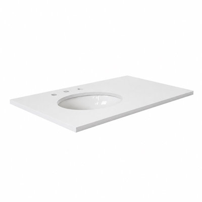 37 po. Comptoir en quartz blanc avec lavabo ovale simple en céramique blanche - gauche