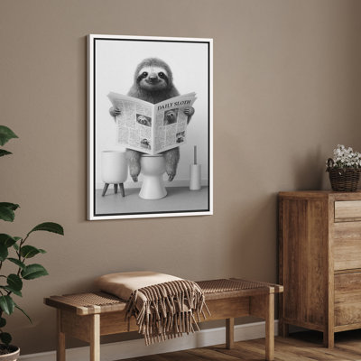 Framed Canvas Wall Art Print - Animal Reading Newspaper Funny Artwork Minimalist Modern Decor for Bathroom