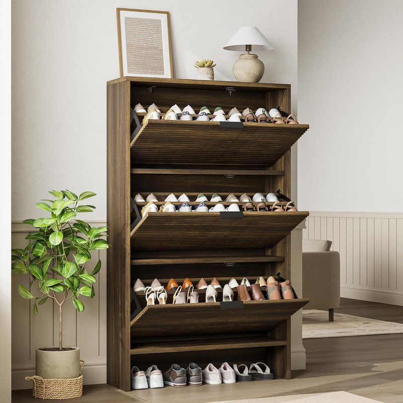 Armoire à chaussures pour le vestibule, armoire à chaussures cannelée avec 3 portes à tiroir rabattable, support caché de 32 po de largeur pour le couloir