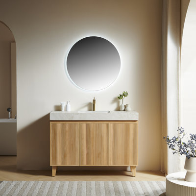 Meuble-lavabo LULA 48, sur pied, comptoir en pierre frittée couleur crème veinée or et lavabo en céramique avec 1 trou pré-percé pour robinetterie, démonté, sans robinetterie ni bonde, couleur bois naturel