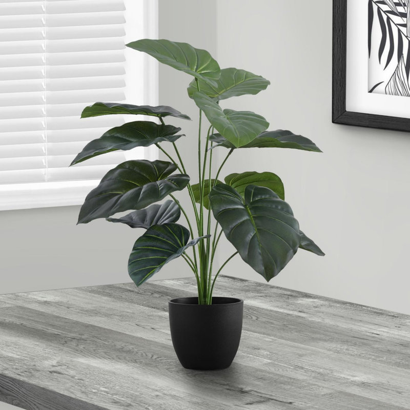24" Tall Green Alocasia Faux Plant in Black Pot