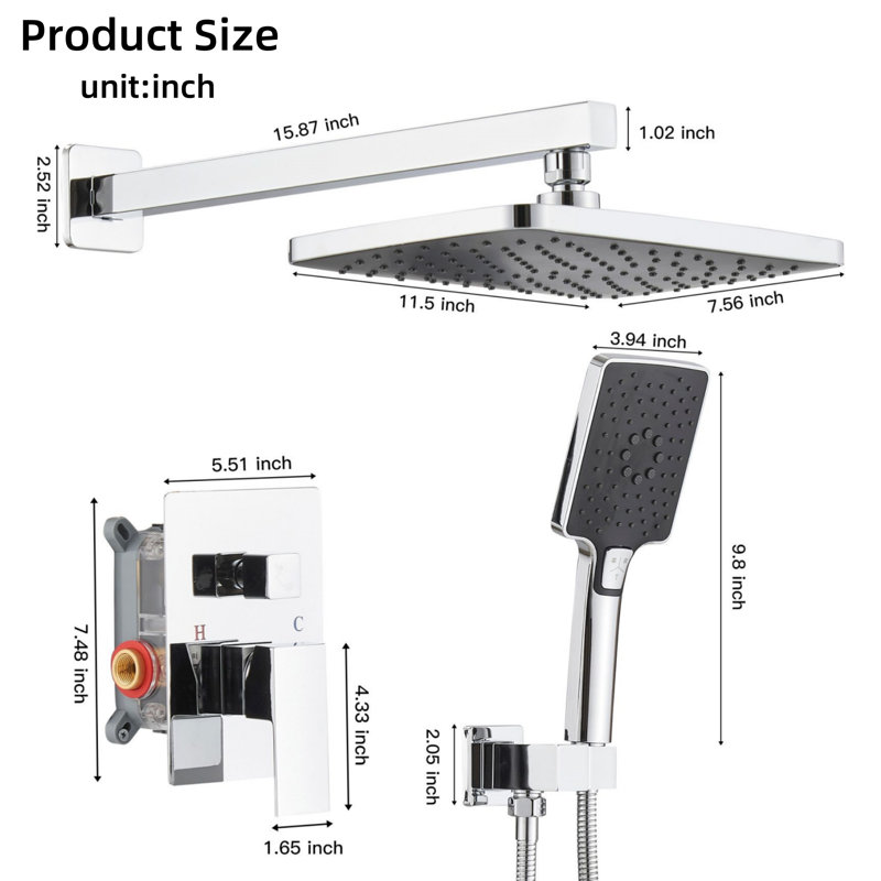 Polished Chrome Single-Handle Three-Spray Rain Shower Square Shower Head High-Pressure Shower Faucet (With Valve)