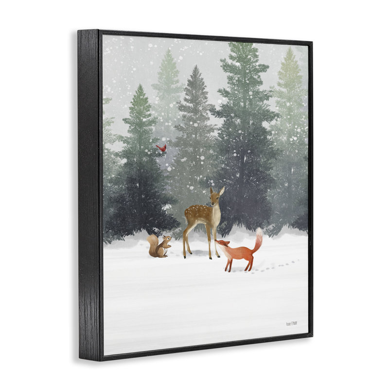 «Winter Season Forest Animals Fox Deer Squirrel» par House Fenway - impression d'art graphique, Giclée encadrée noir minuit