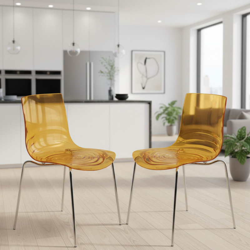 Clear Modern Acrylic Ghost Dining Chair - Modern Lucite Vanity Chair with Water Ripple Design - Chrome Mid Century Accent Seating