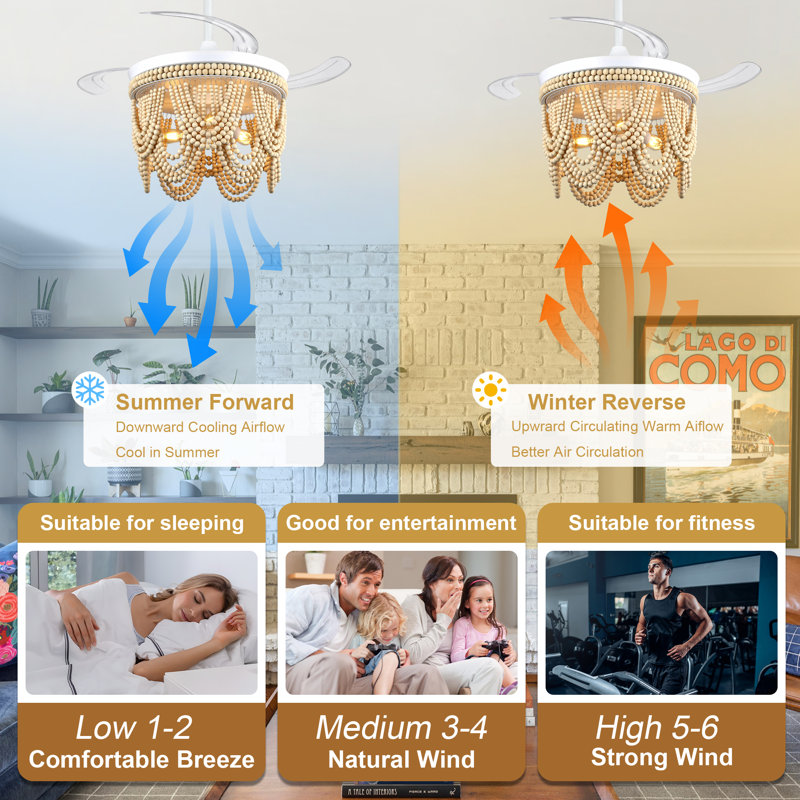 Dayzhane 42 Inch Farmhouse Boho Retractable Ceiling Fan with Light, 6-Speed Wood Beaded Ceiling Fan with Remote Control