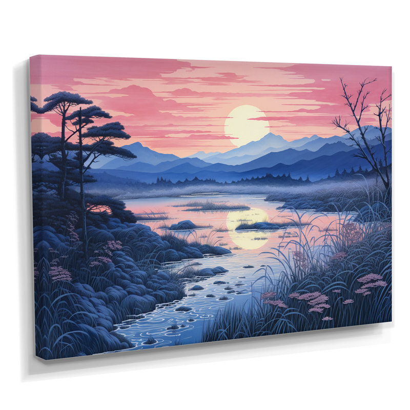 Rose, vue sur le lac japonais - rivière, art mural, salon, Toile tendue, H 30 po x l 40 po