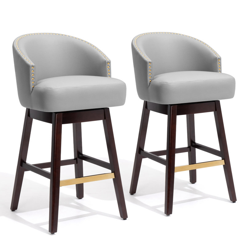 Swivel 31.9'' Faux Leather Bar Stool with Solid Wood Legs, Gray, Gray, Bar Stool (31.9" Seat Height)