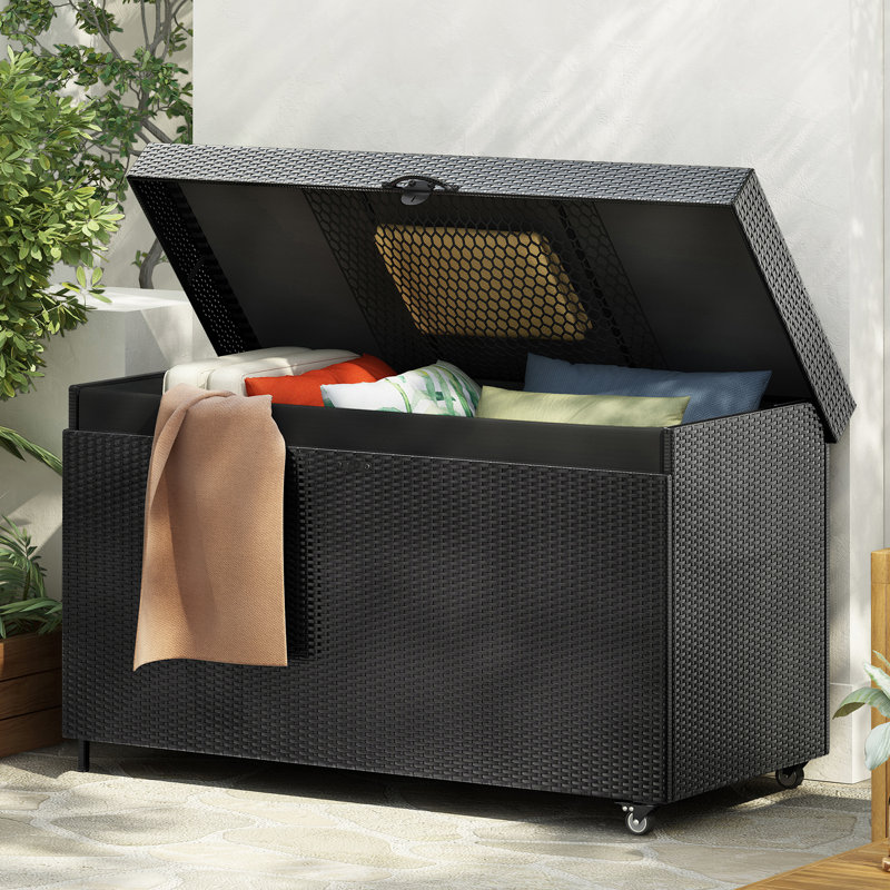 Wicker Deck Box With Wheels, All-Weather Outdoor Storage Box, Rattan Storage Bin For Patio Furniture, Outdoor Cushions, Pool Storage And Garden Tools