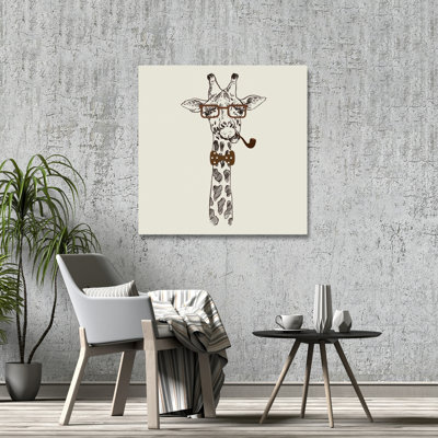 Funny Giraffe with Pipe - Beige Illustrative Canvas Art