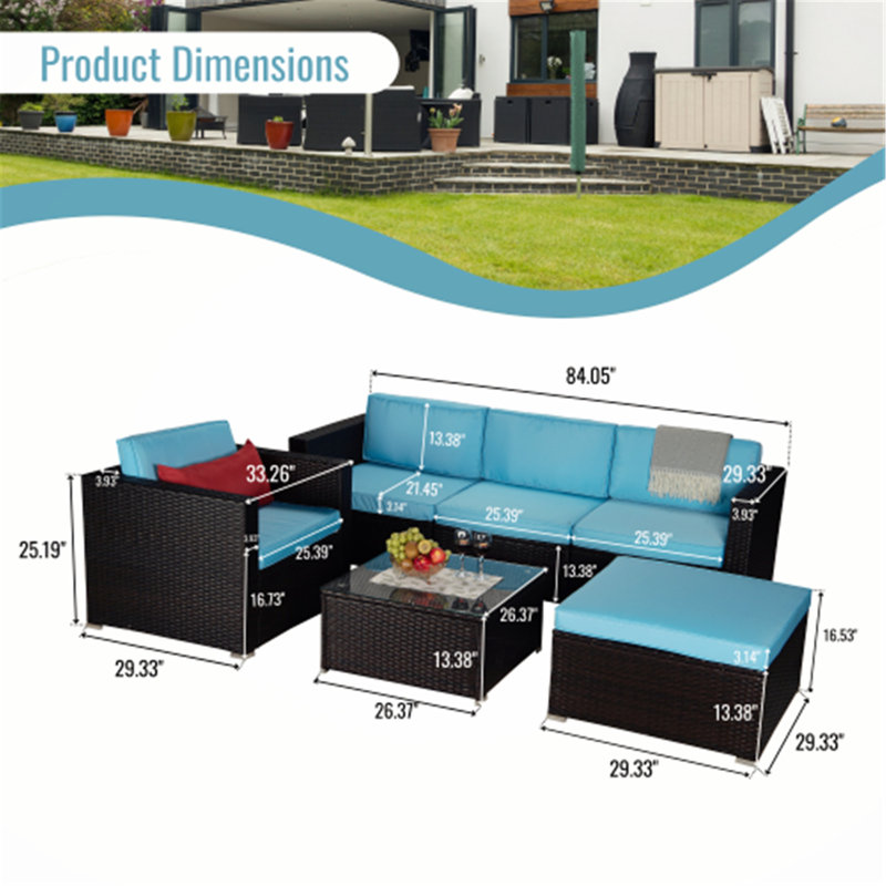 Ensemble de conversation pour 5 personnes avec coussins Pilirani, Bleu sarcelle, Brun
