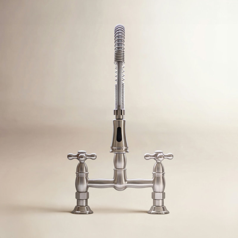 Kingston Brass Heritage Double-Handle 2-Hole Deck-Mount Pre-Rinse Bridge Kitchen Faucet, Brushed Nickel