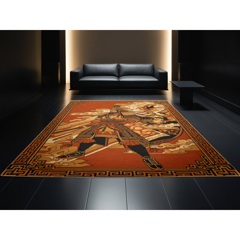 Machine Washable Palmerston Tribal Chief Warrior Classic Oriental Rug in Brown – LightBrown Binding, 8x10
