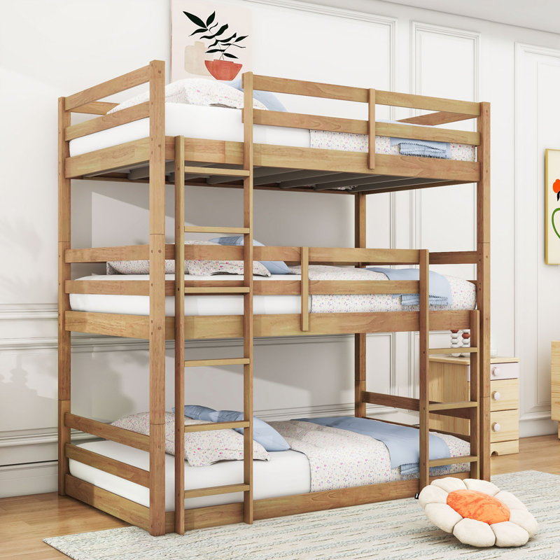 Lit superposé simple au-dessus de simple au-dessus de simple en bois avec fonction détachable et échelle, Chêne blanc