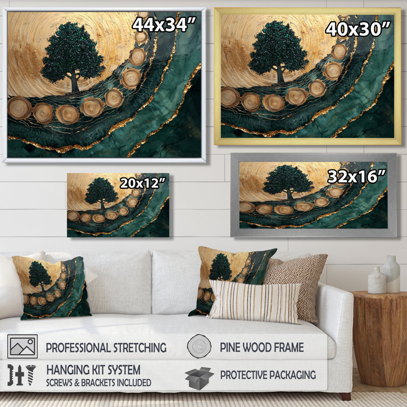 «Pine Forest Landscape On Emerald Horizon III», art mural sur toile forêt, H 34 po x l 44 po, Doré