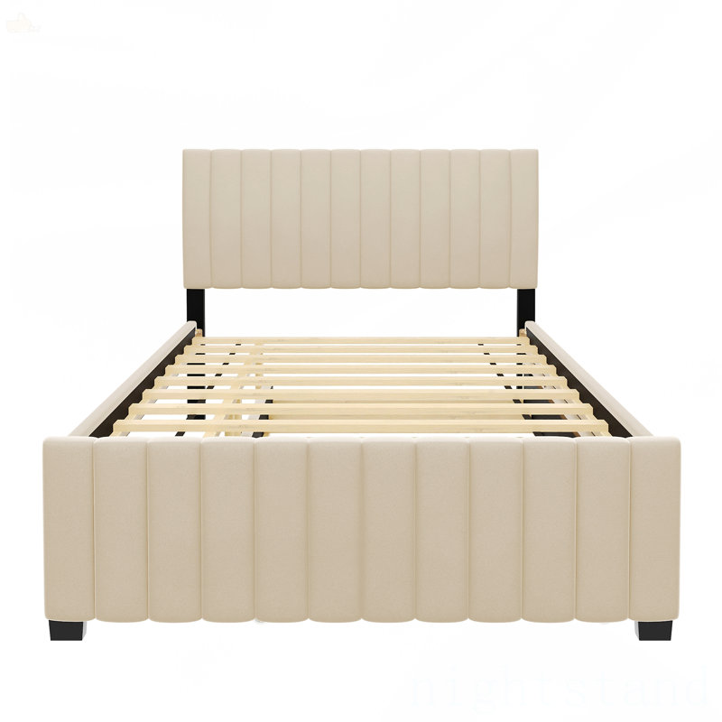 Lit plateforme double en velours avec lit gigogne, Beige