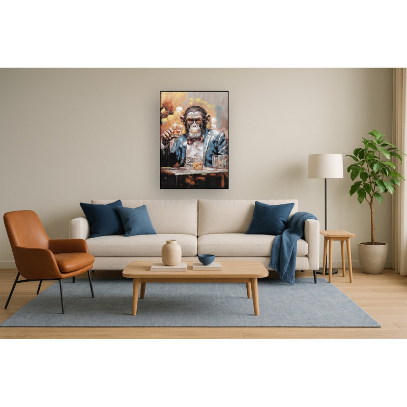 Art mural sur toile Chimpanzee with Drink - 28 po x 40 po - cadre noir