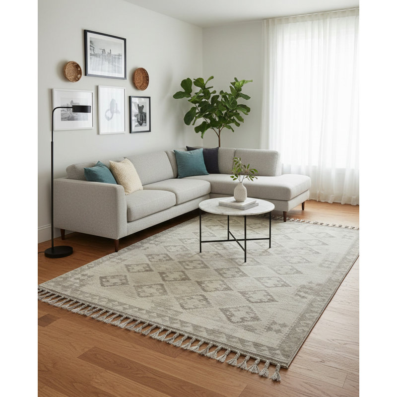 Tapis gris contemporain en laine tissé à plat à motif géométrique gris Shouko, Rectangle de 10 pi x 14 pi