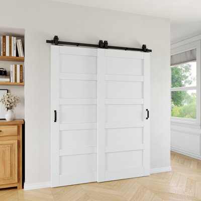 80" H X 56" W 5-Panel White Primed Solid Core Sliding Bypass Barn Door Double Doors With Hardware Kit - No Assembly