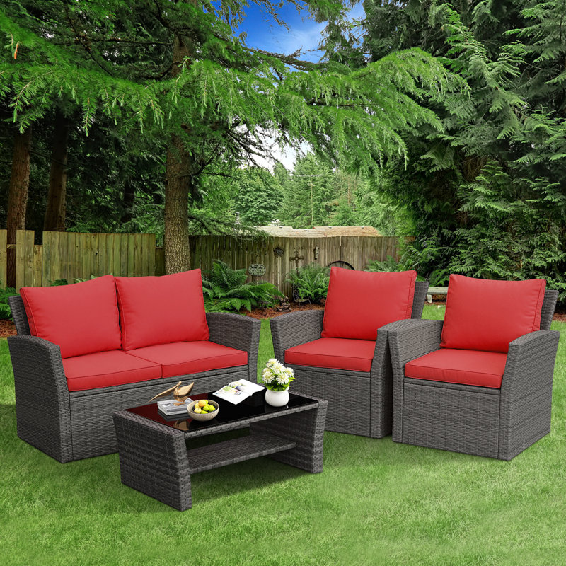 Wood 4 - Person Patio Conversation Set with Cushions, Red