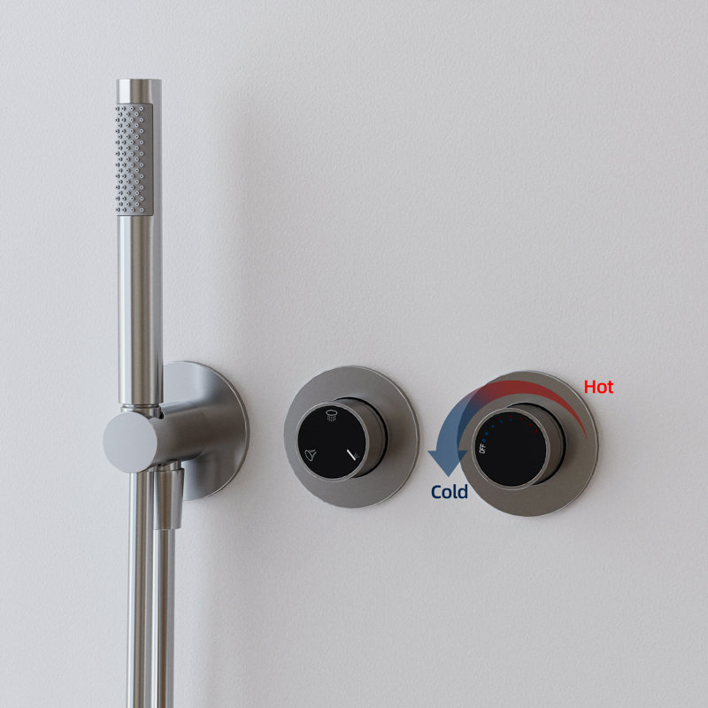 Système de douche mural moderne à double fonction avec pomme de douche pluie et cascade, douchette à main, valve en laiton, 3 options de finition