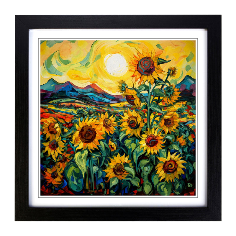 Sunflower Field Expressionism - Framed Print, Black