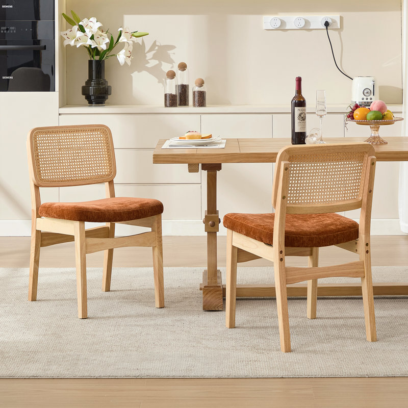 Anandi Brown Rattan Back 19.29" H Textured Chenille Dining Chair with Rubber Wood Legs, Brown / Natural Wood