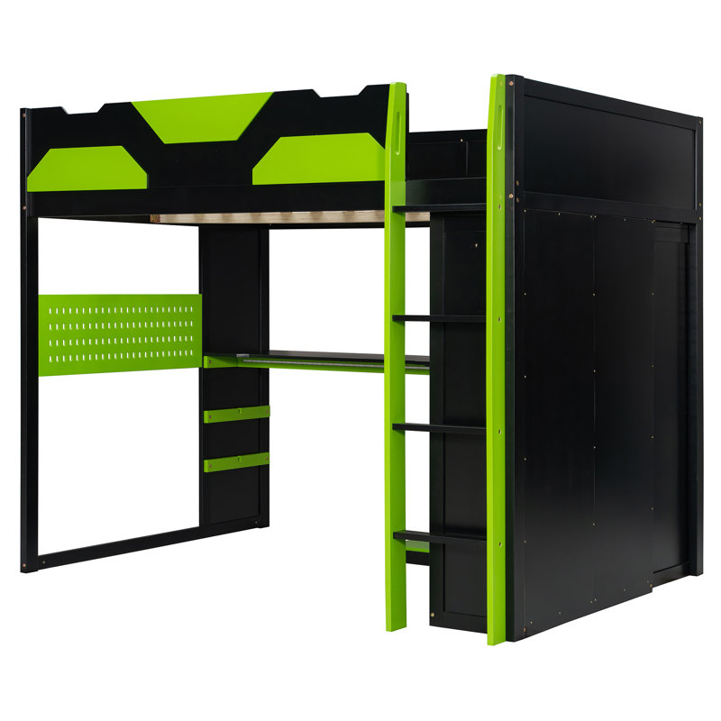 Lit mezzanine en bois moderne avec bureau, tablettes de rangement, garde-robe, éclairage RVB et ports de charge USB, Vert